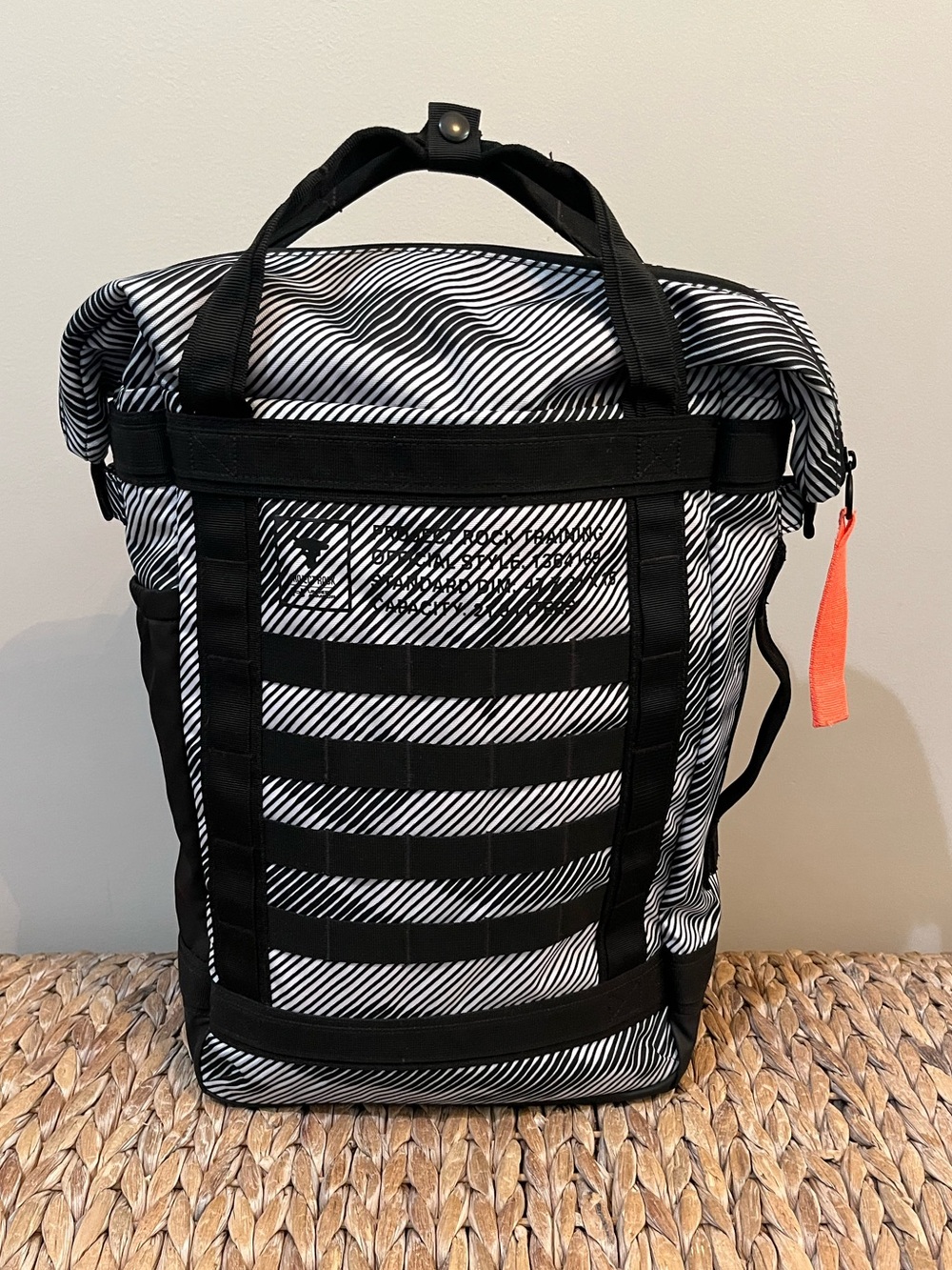 Under Armour Project Rock Box Duffle Backpack Black White Stripe Unisex NWOT